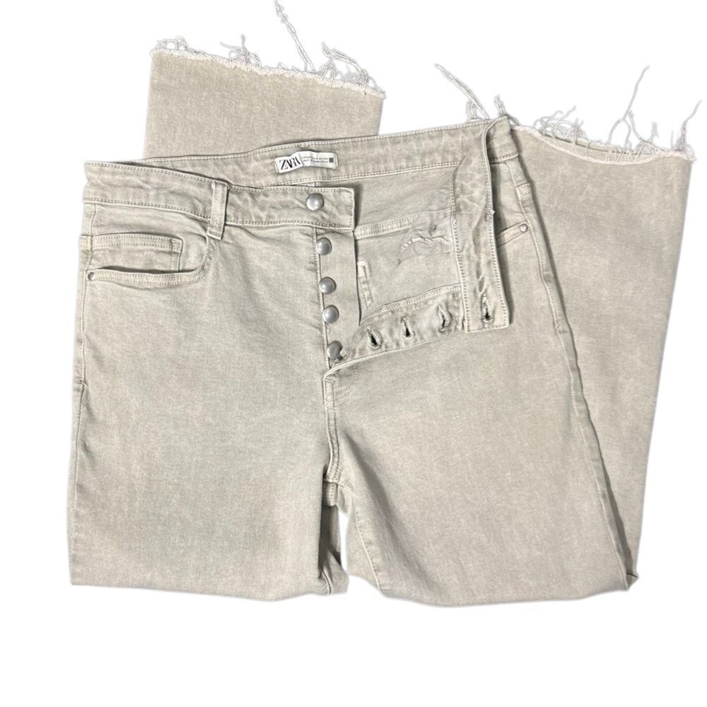 Zara high-rise raw ankle button fly greenish grey denim jeans Size 12
